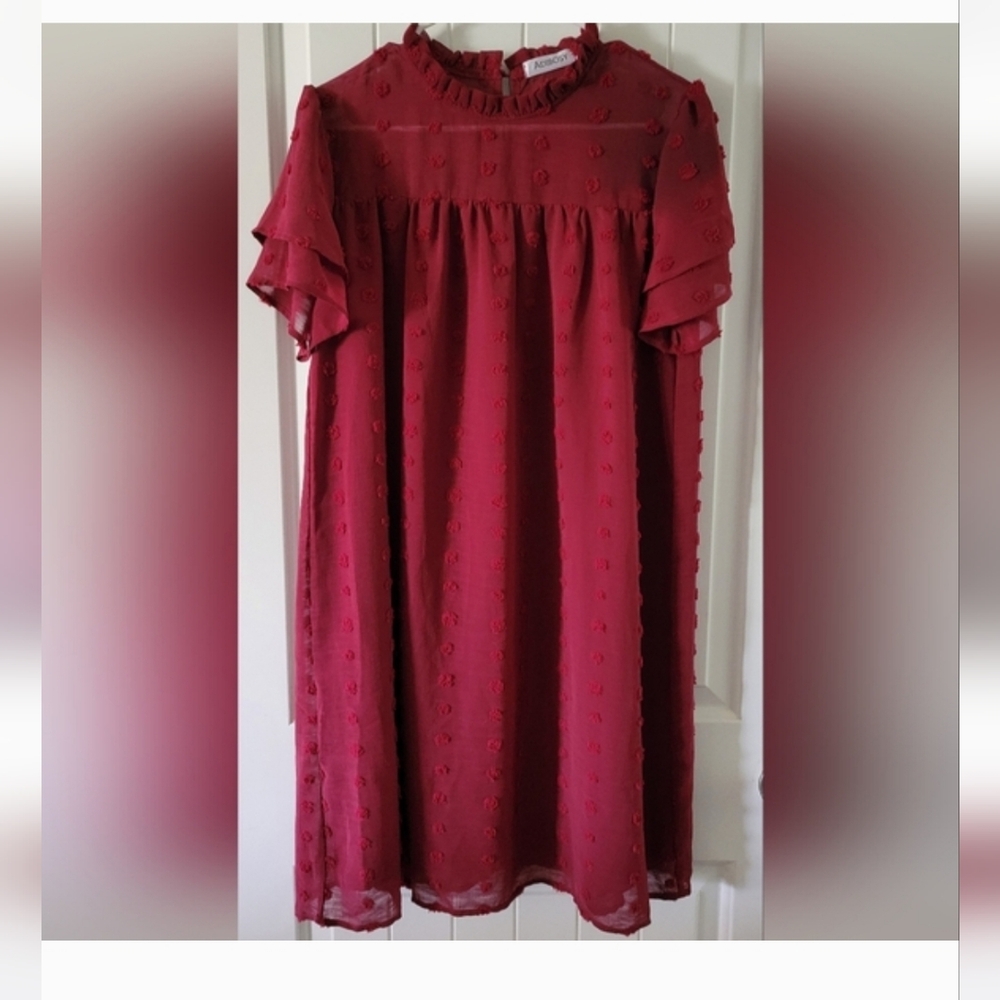 Boho Swiss Dot Flowy Wine Color ❤️Babydoll Dress Large NWT